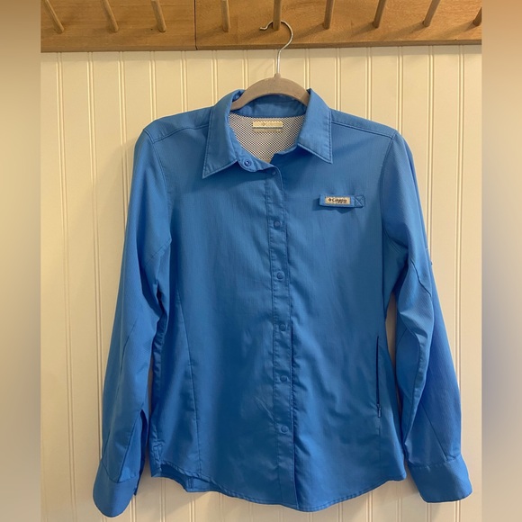Columbia Tops - Columbia PFG Professional Fishing Gear Blue Snap Button Up Long Sleeve Vented S
